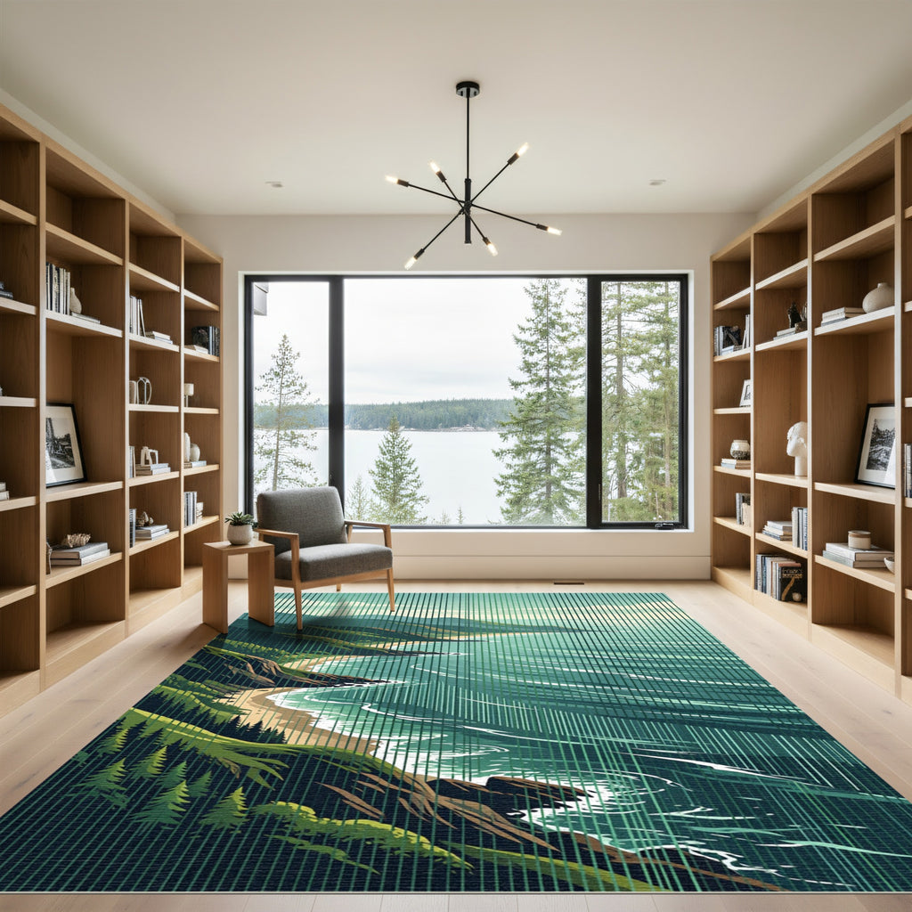 Serene Coastal Cliff Green Landscape Rug
