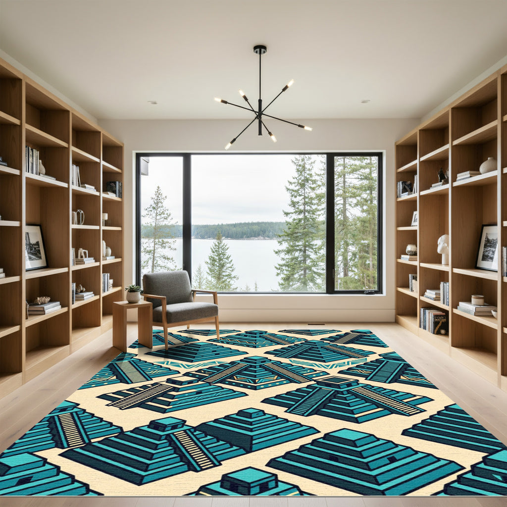 Teal Isometric Aztec Step Pyramid Tile Rug
