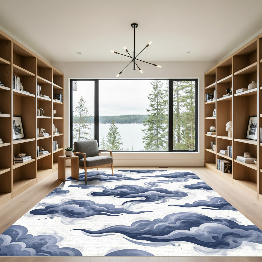 Moody Blue Ethereal Swirling Clouds Rug