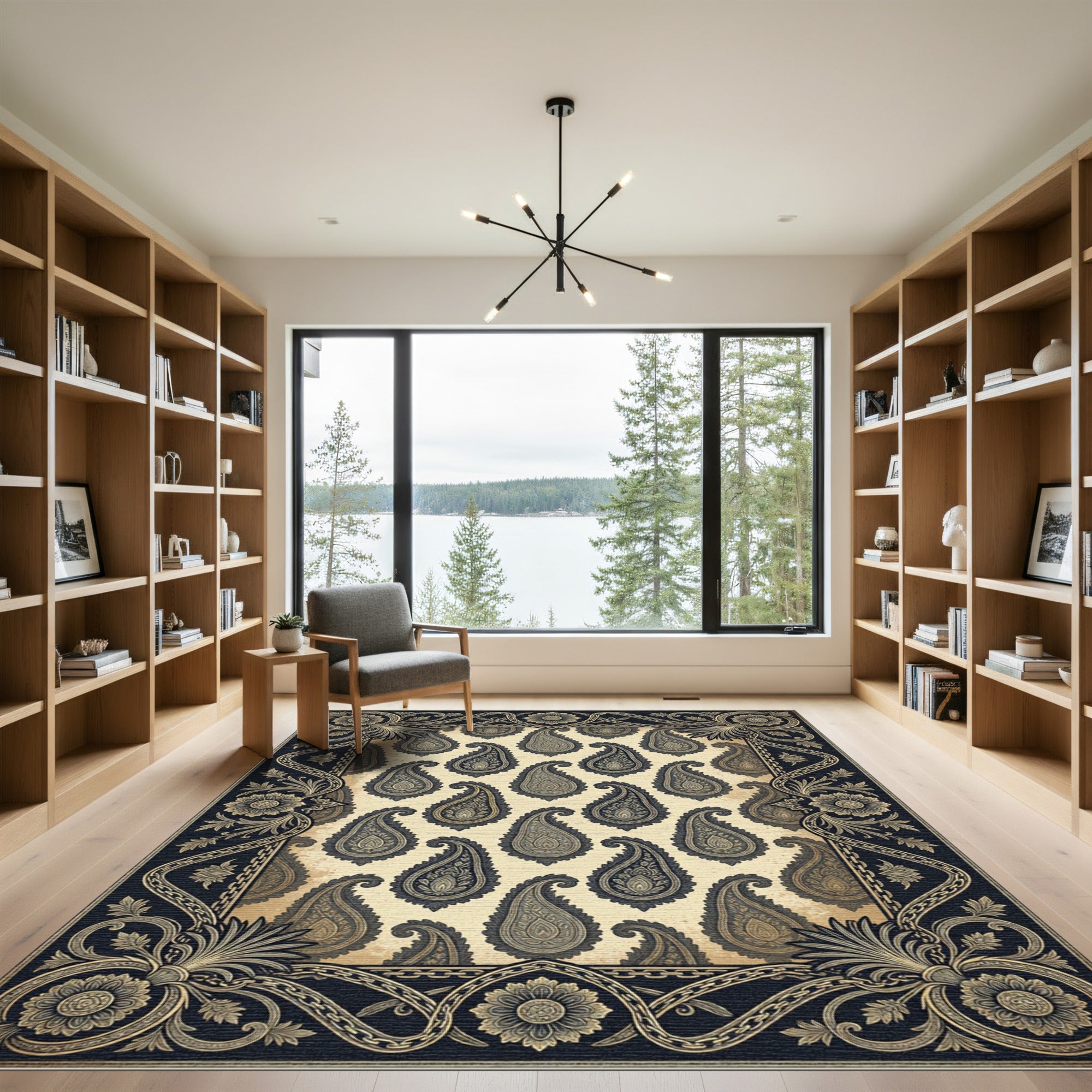 Ornate Gold and Ebony Paisley Scroll Rug