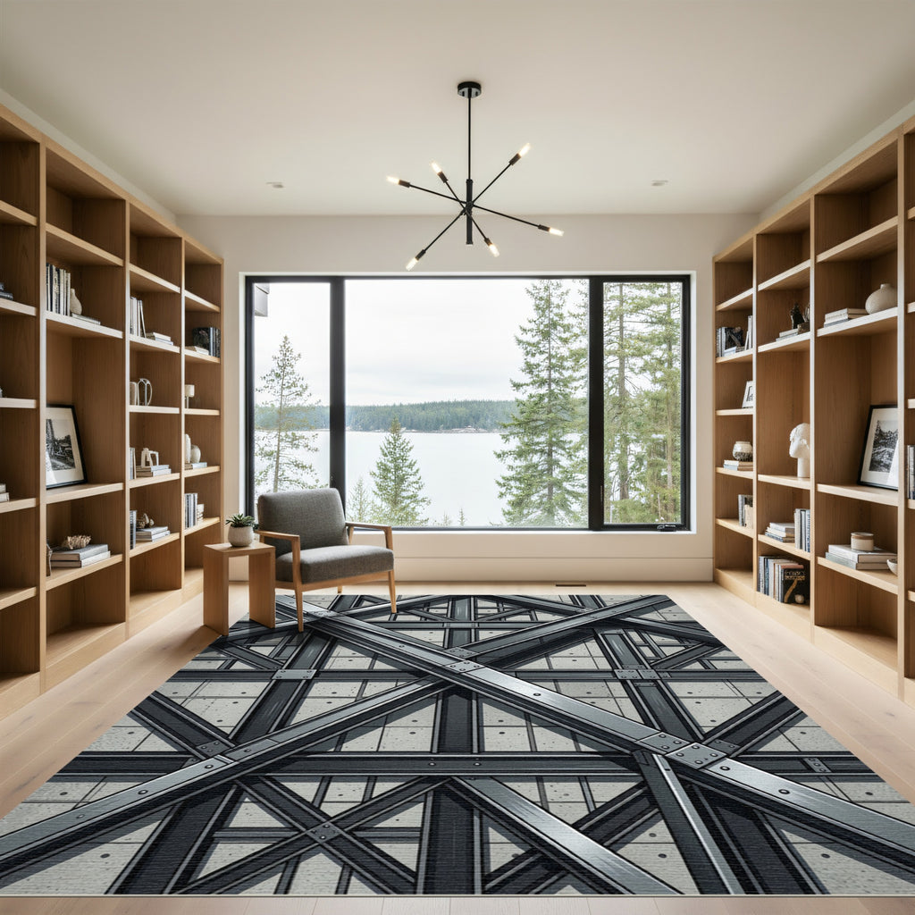 Industrial Gray Geometric Steel Beam Structure Rug