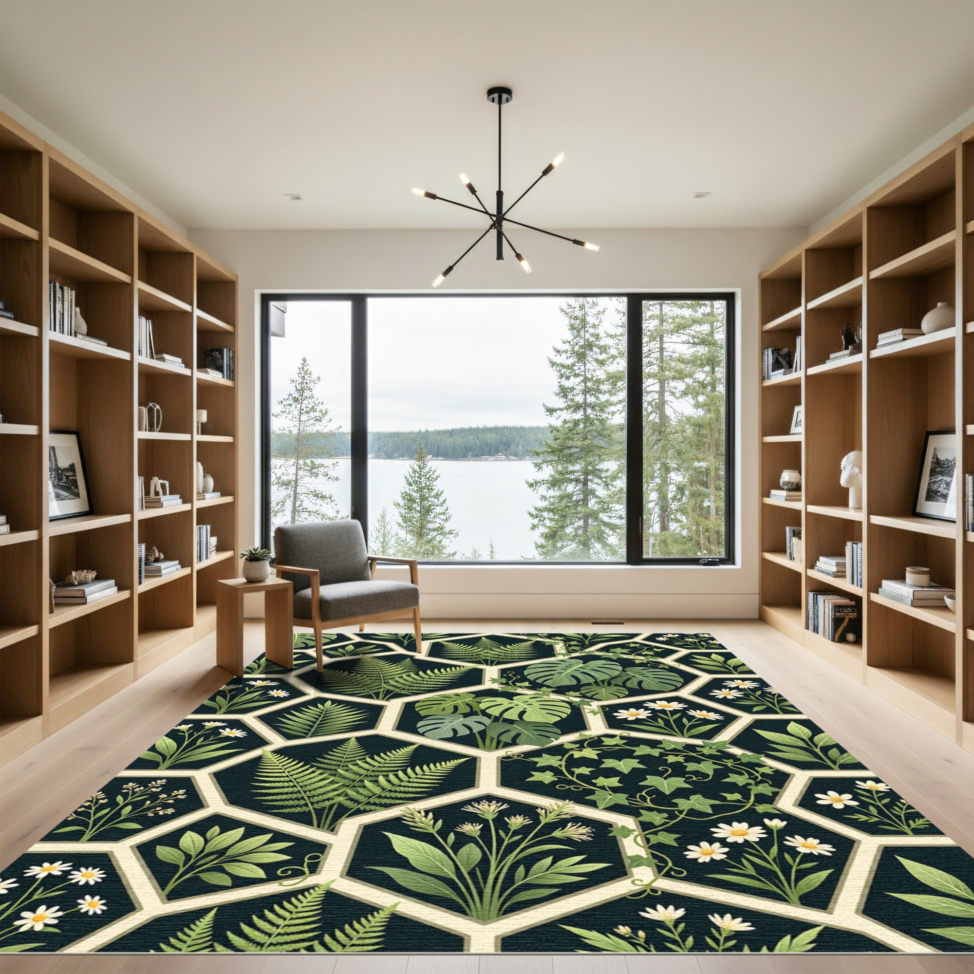 Lush Green Tropical Hexagon Foliage Rug