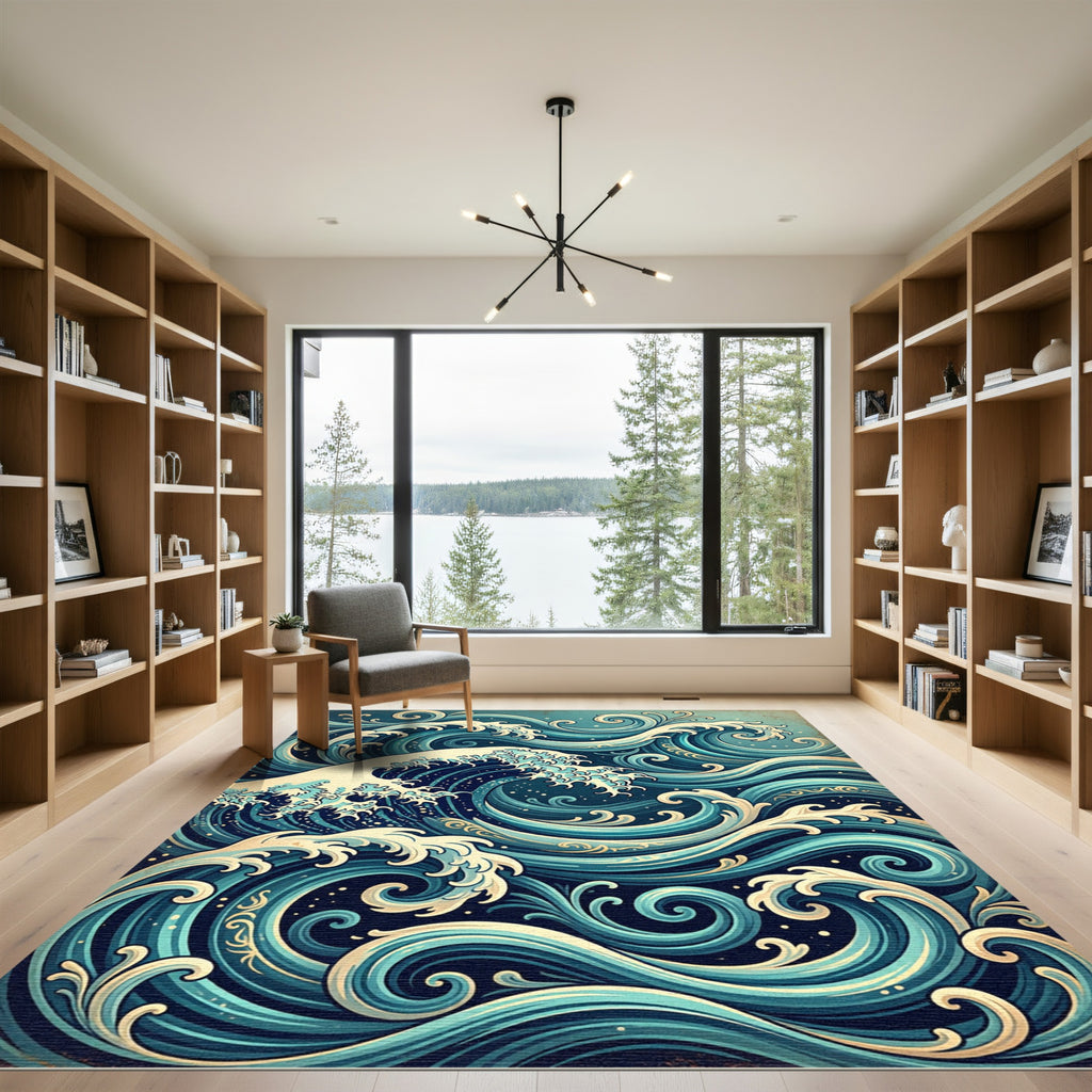 Azure Aqua Swirling Water Curl Rug