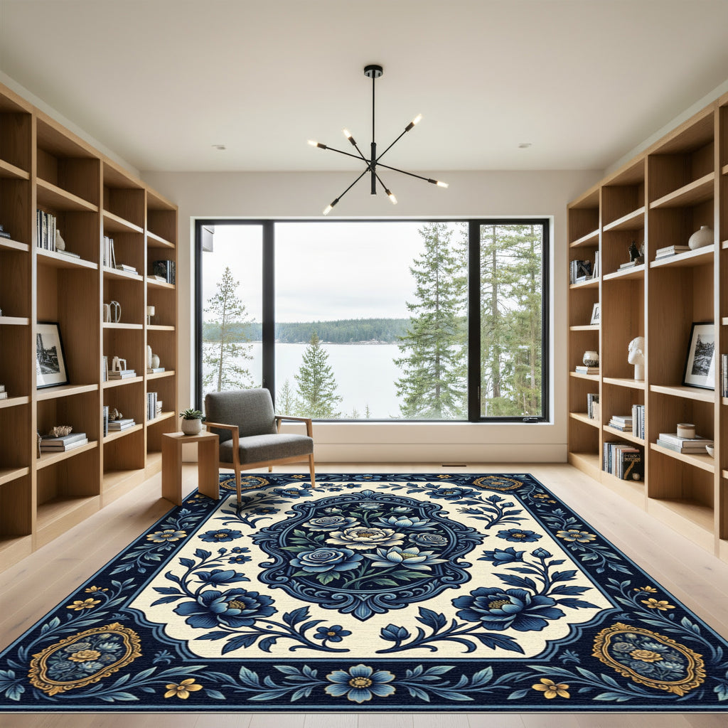 Elegant Navy Floral Bouquet Medallion Rug