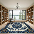 Elegant Navy Floral Bouquet Medallion Rug