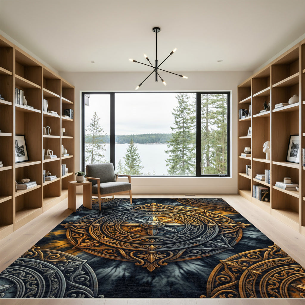 Ornate Gold and Silver Mandala Rug