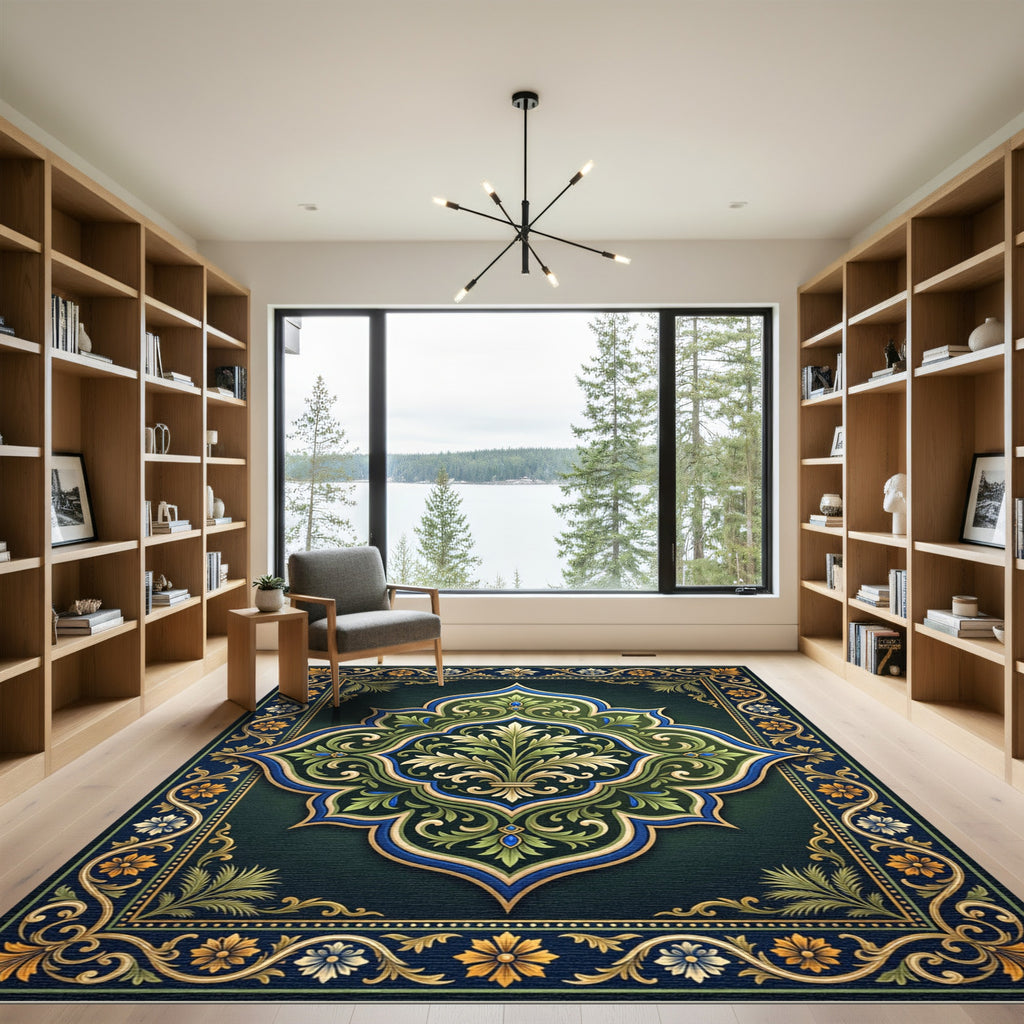 Elegant Emerald Floral Medallion Ornate Decor Rug