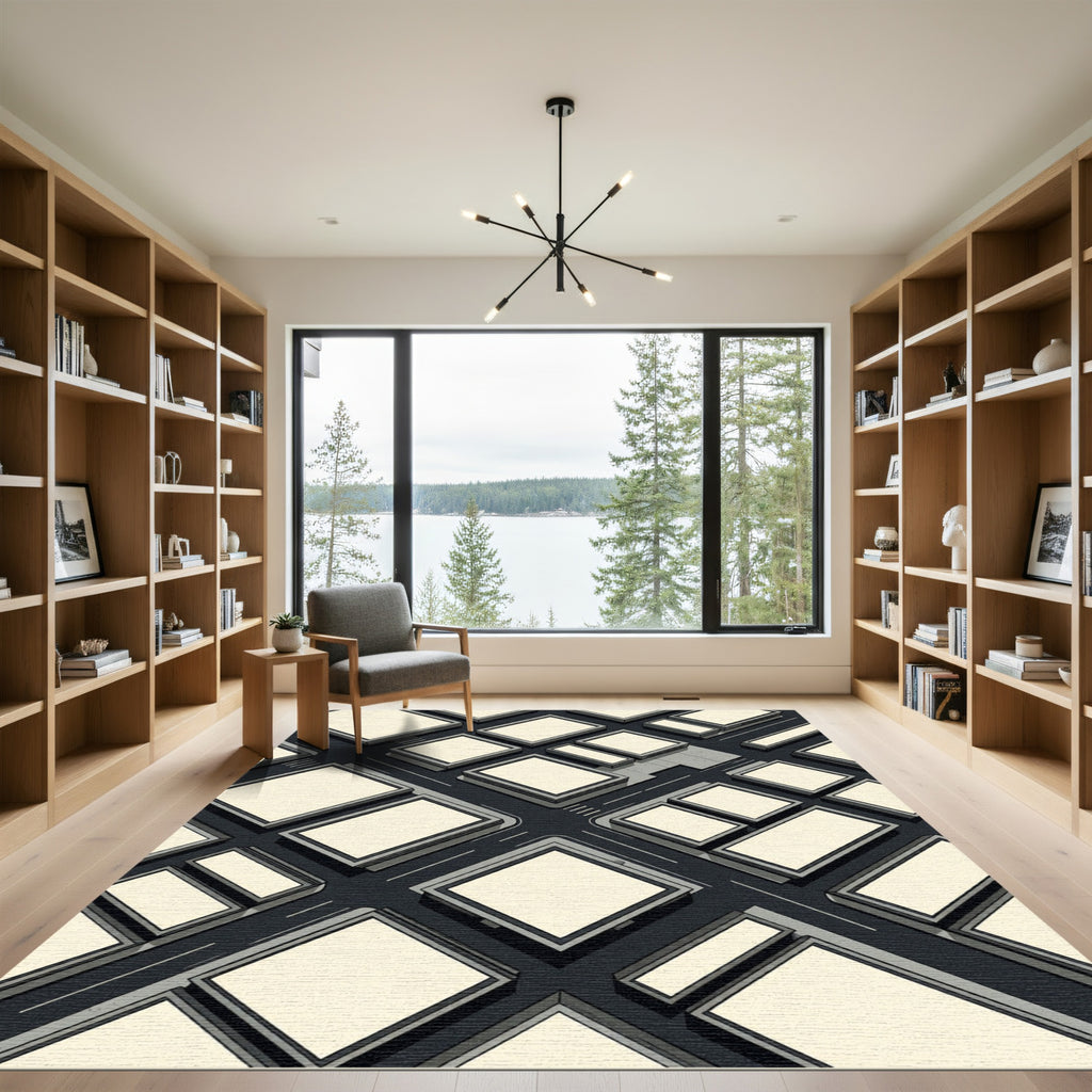 Minimalist Monochrome Geometric Grid Blocks Rug