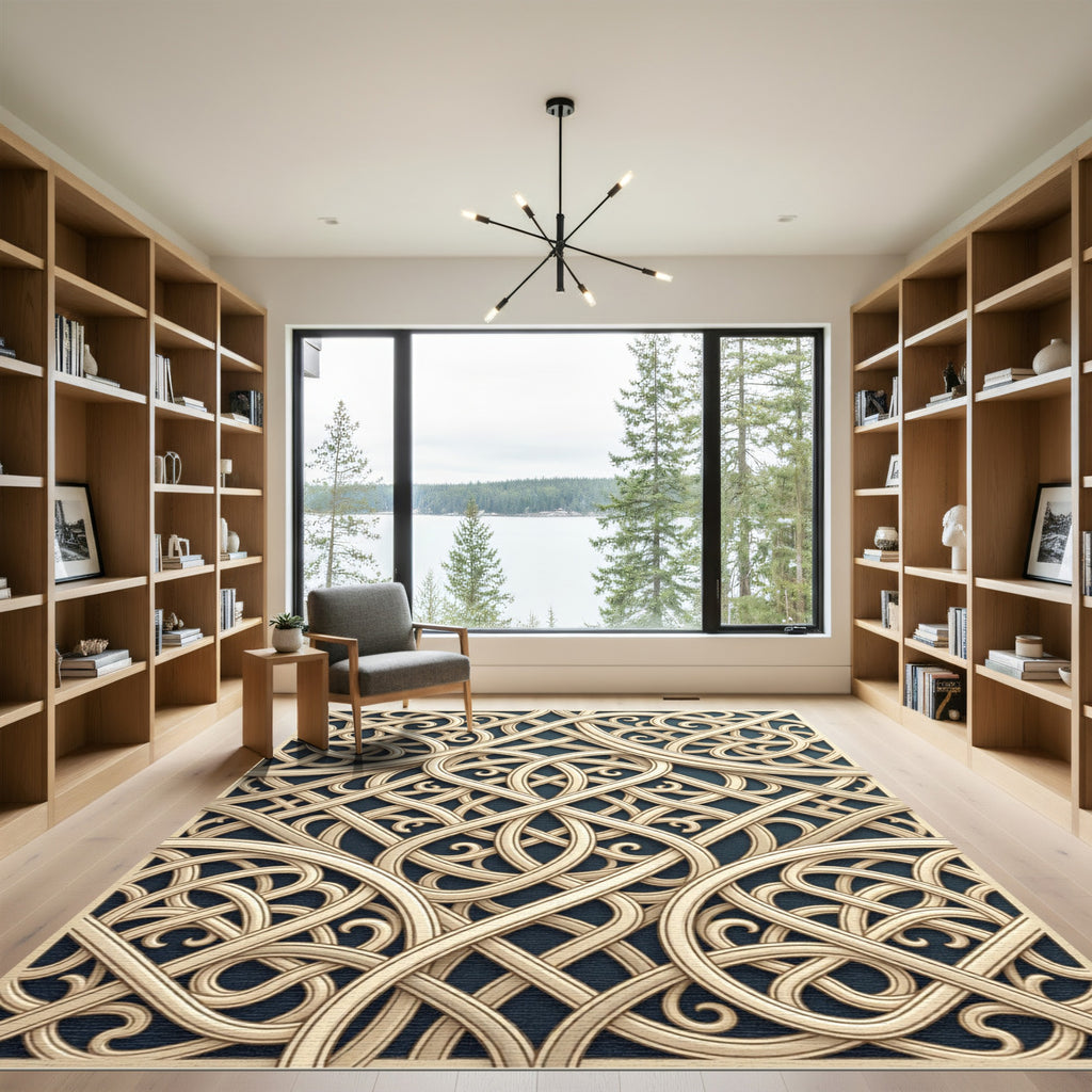 Golden Interwoven Lattice Scroll Cream Dark Rug