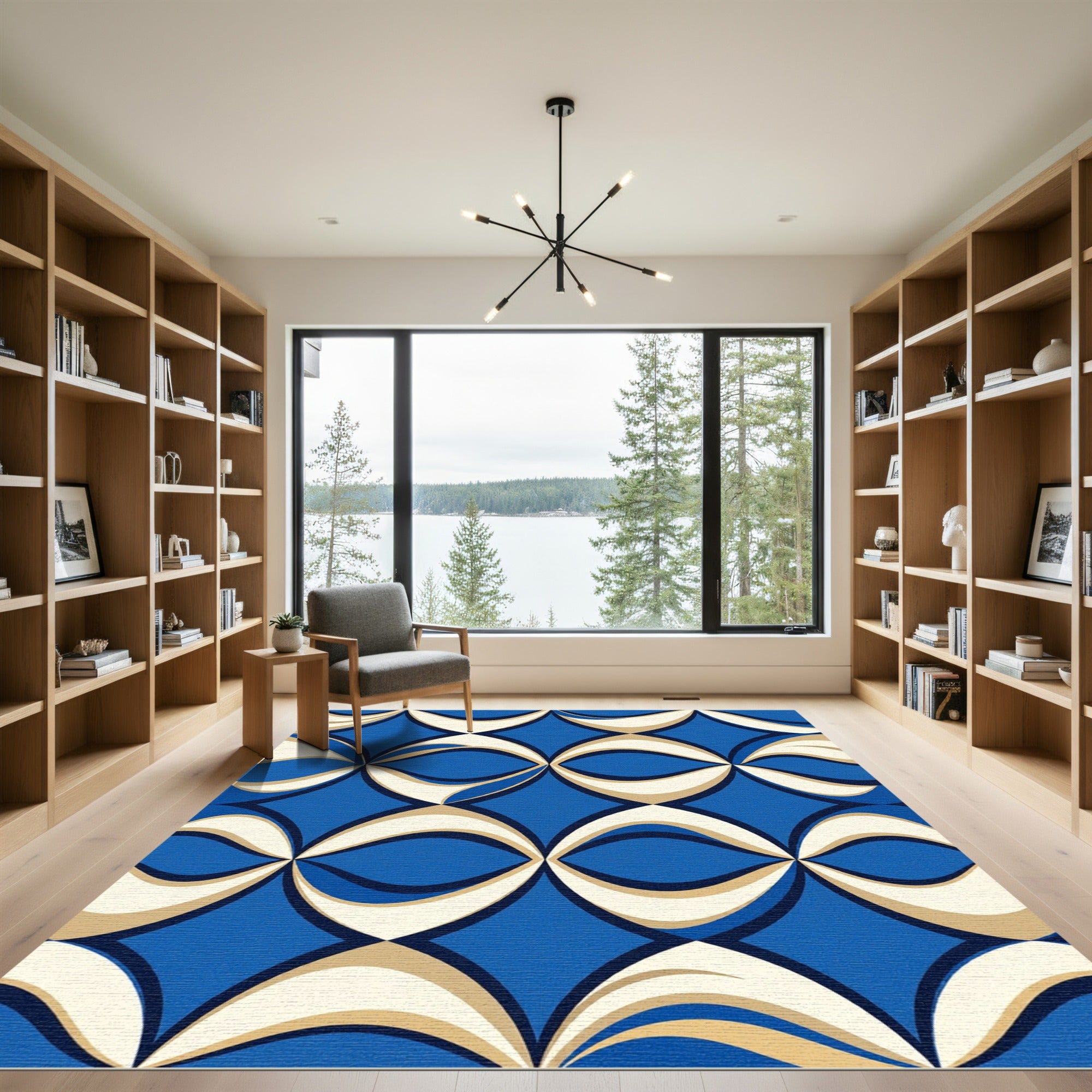 Geometric Mid-Century Blue Cream Wave Rug