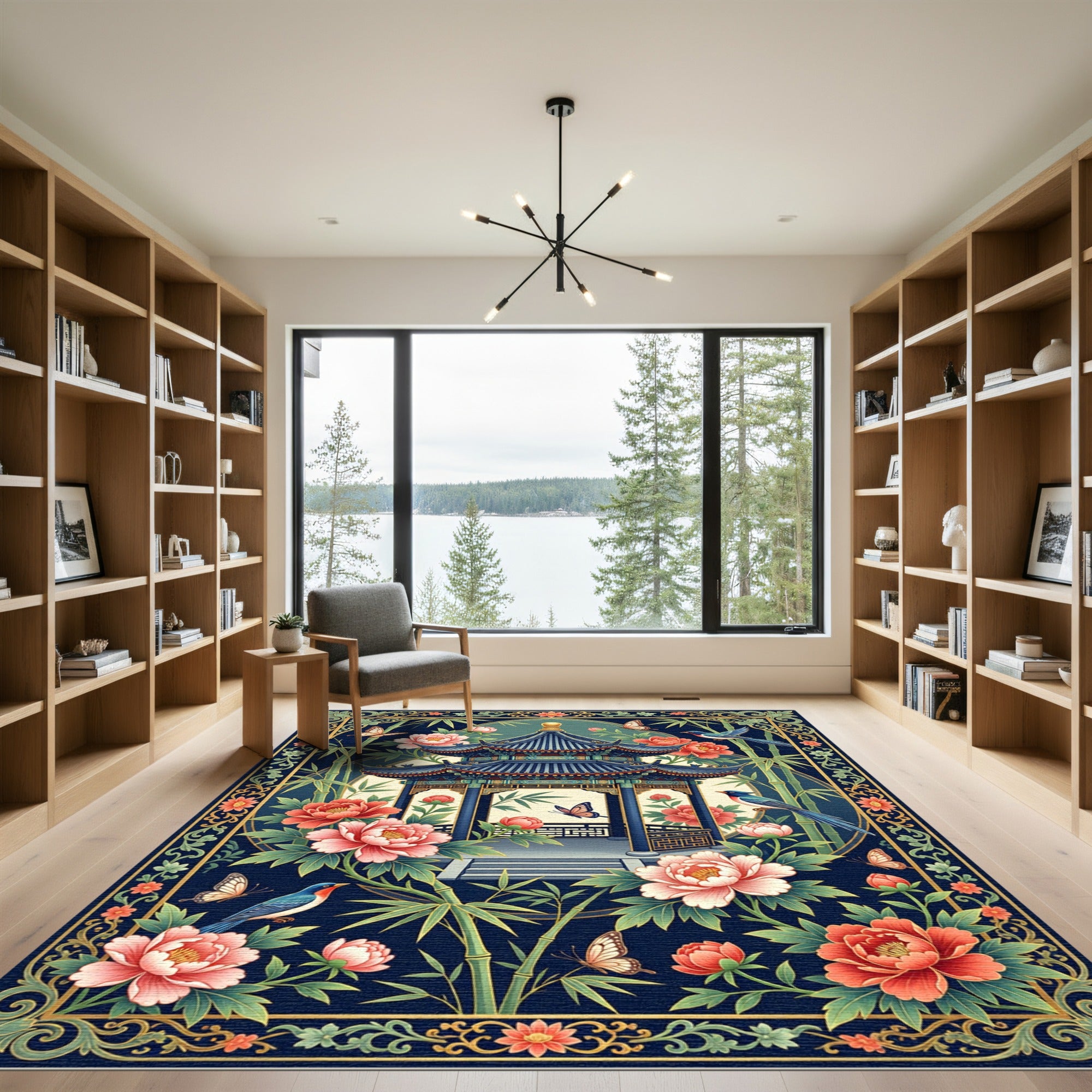 Chinoiserie Navy Peony Pagoda Garden Rug