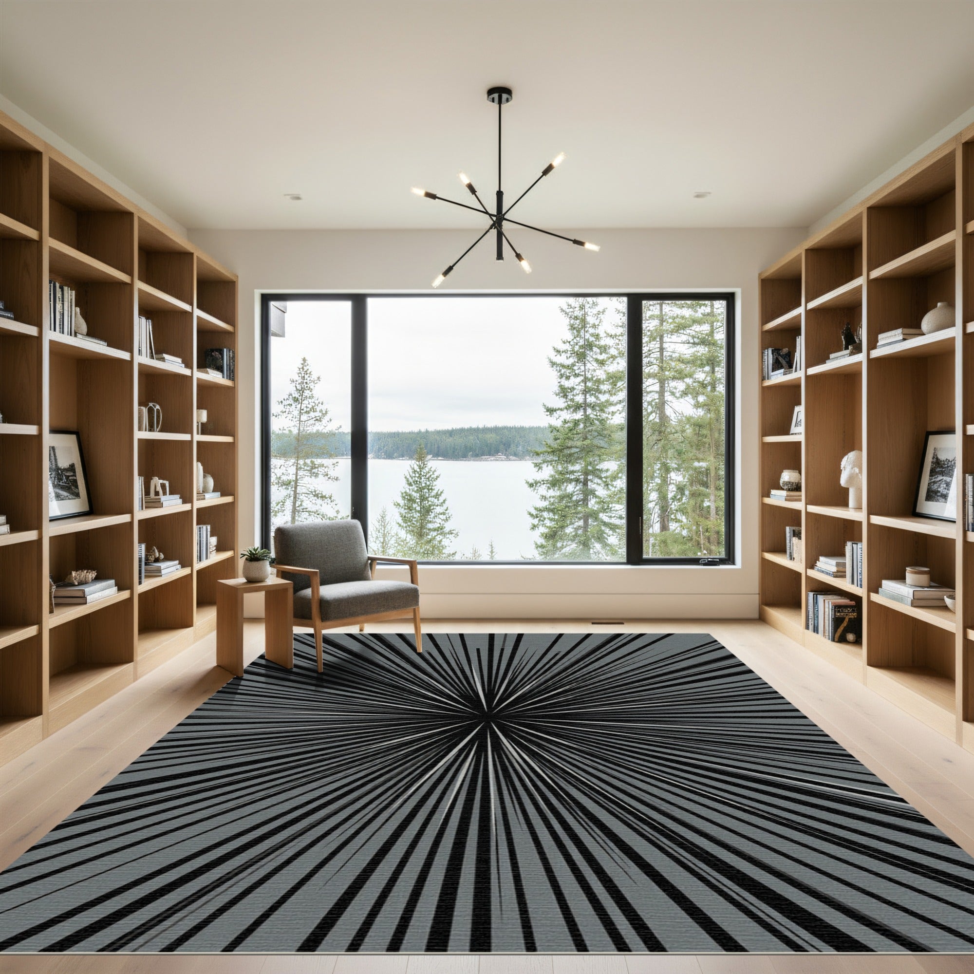 Monochromatic Radial Burst Abstract Art Rug