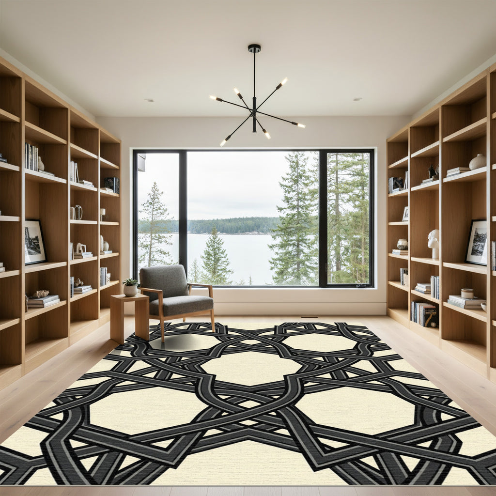 Sophisticated Charcoal Interlocking Geometric Grid Rug
