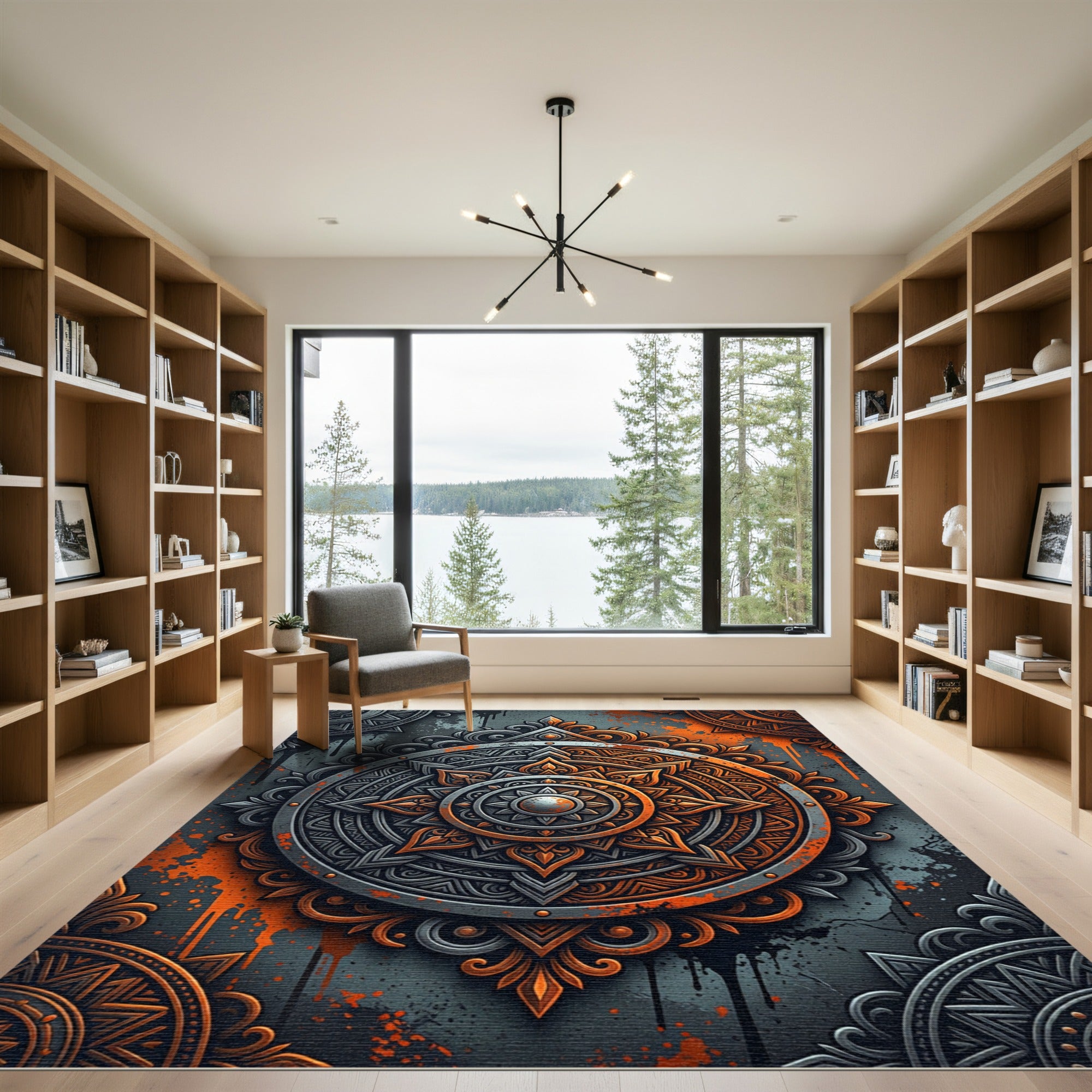 Orange Gray Mandala Sunburst Rug