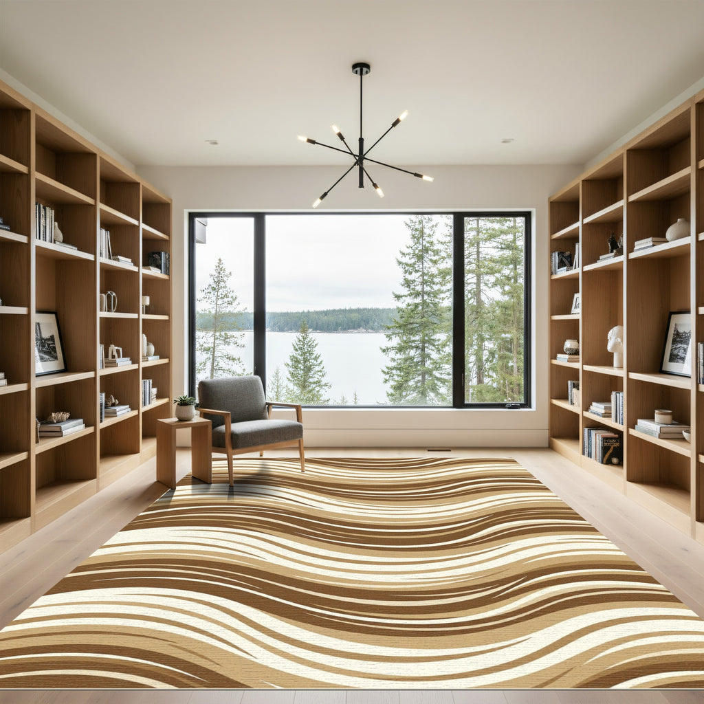 Earthy Brown Cream Flowing Waves Rug
