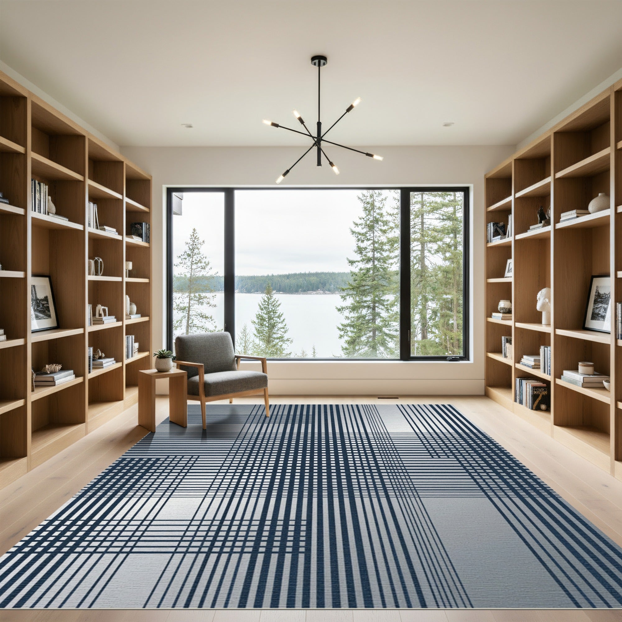 Dark Blue Grid Intersecting Lines Rug
