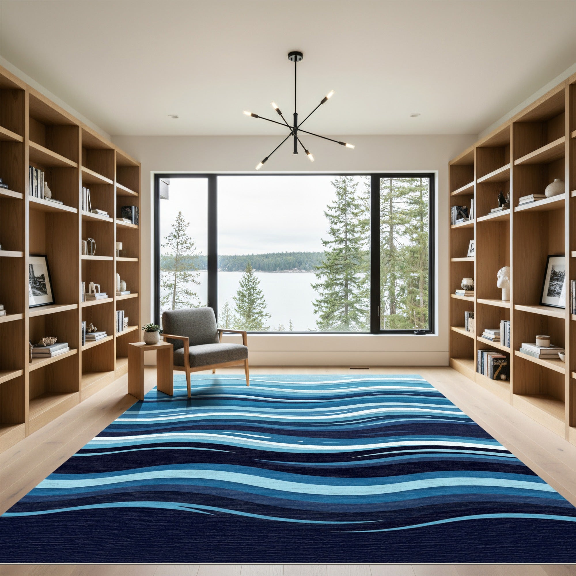 Abstract Indigo Ocean Wave Layers Rug