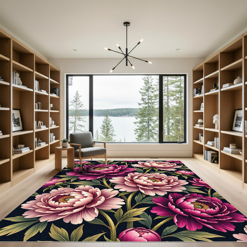 Vibrant Pink Peony Botanical Ink Illustration Rug