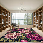 Vibrant Pink Peony Botanical Ink Illustration Rug
