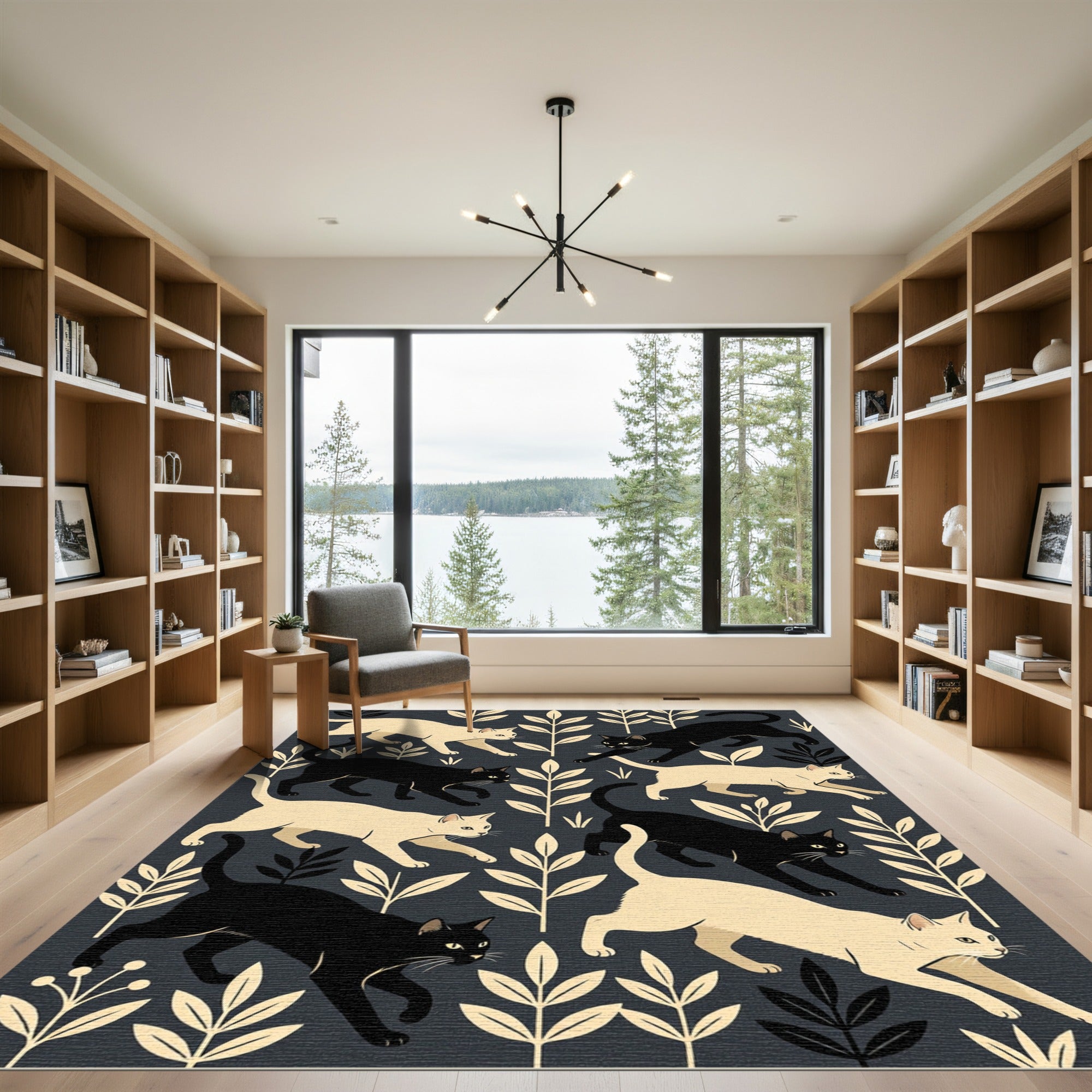 Elegant Monochrome Cat and Foliage Rug