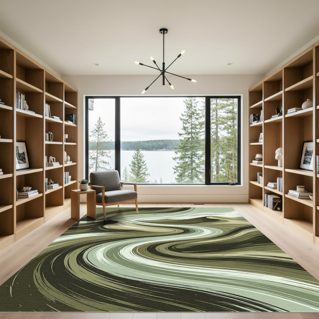 Olive Green Abstract Swirling Dune Rug