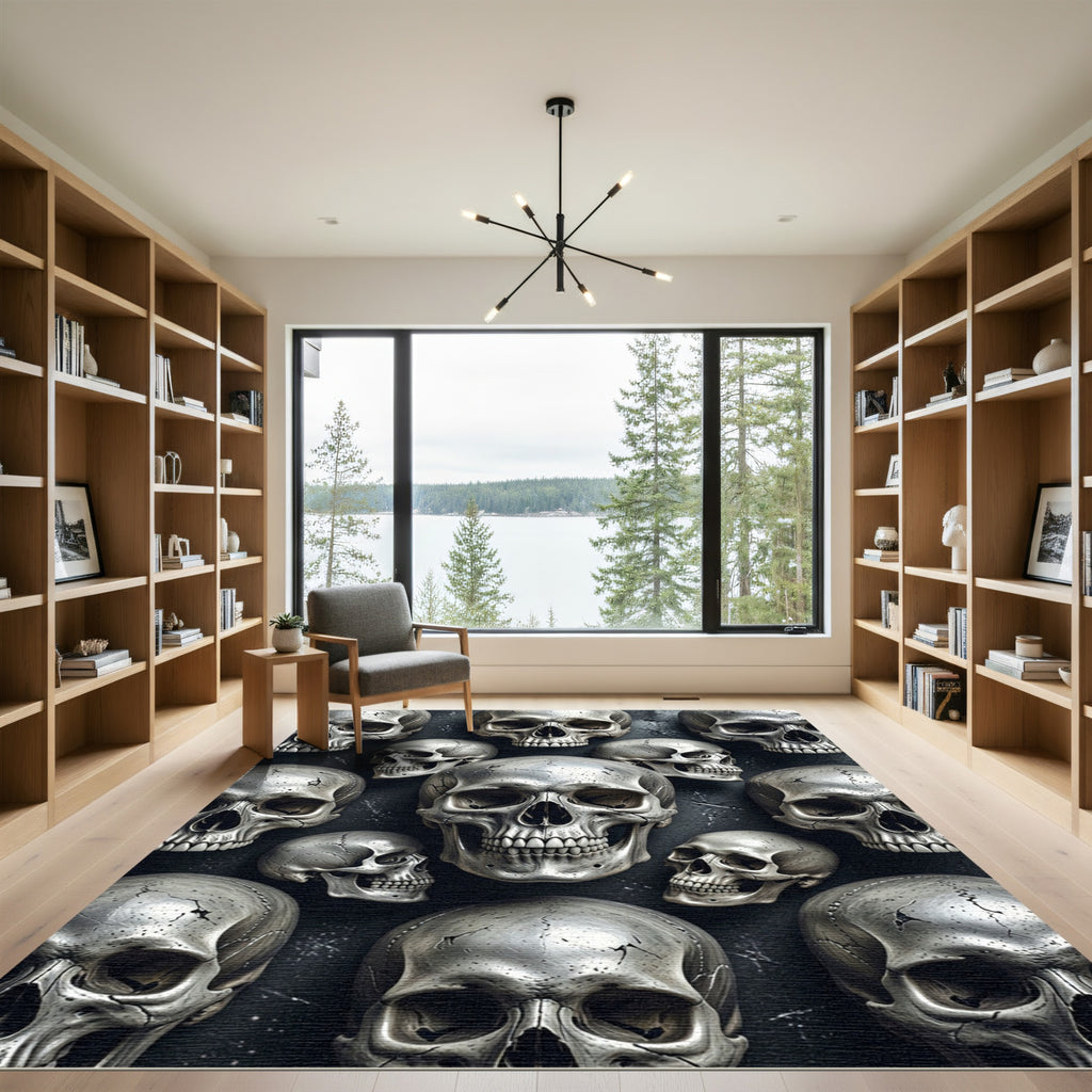 Metallic Silver Skull Monochromatic Arrangement Rug