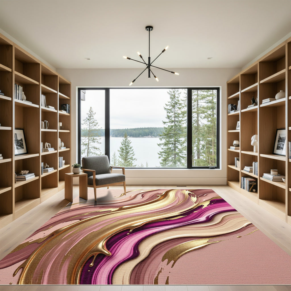 Elegant Gold and Mauve Abstract Swirl Rug