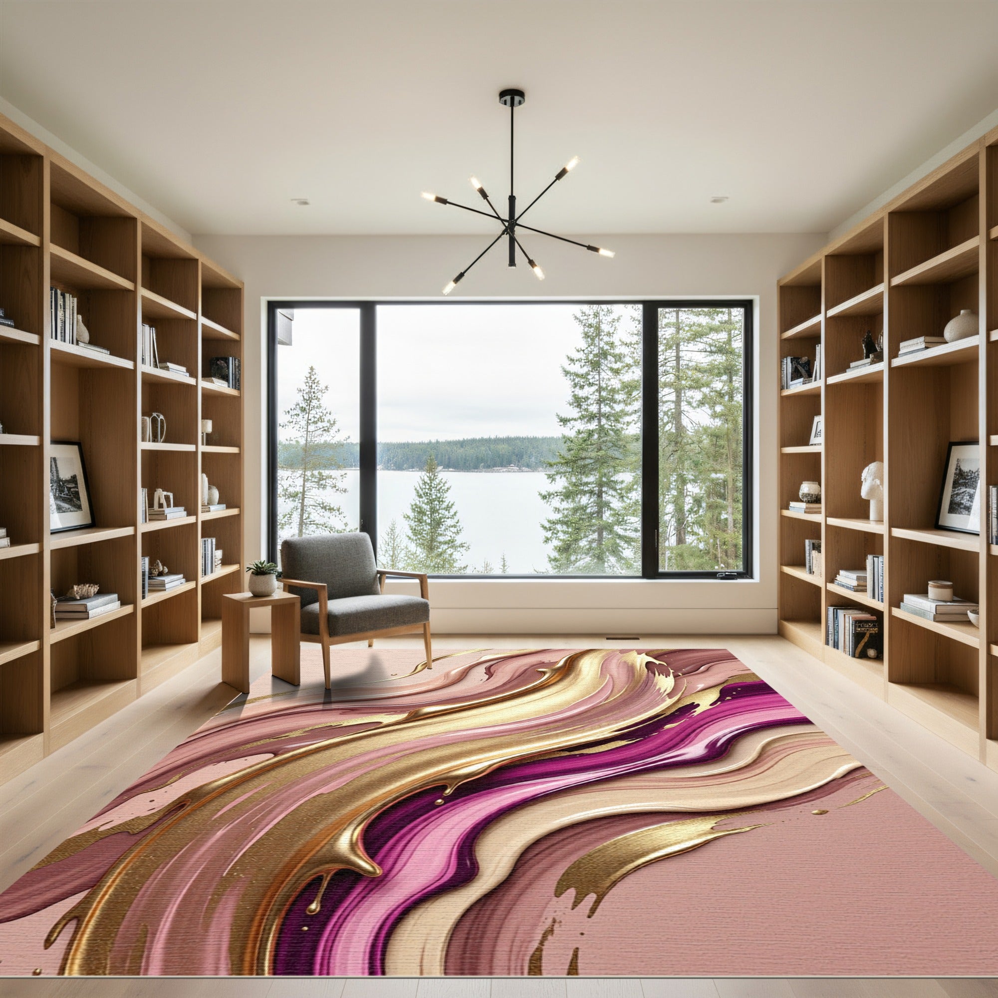 Elegant Gold and Mauve Abstract Swirl Rug