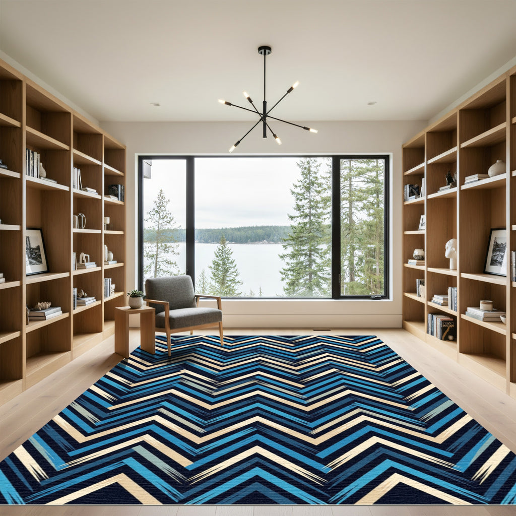 Navy and Cream Chevron Zigzag Rug