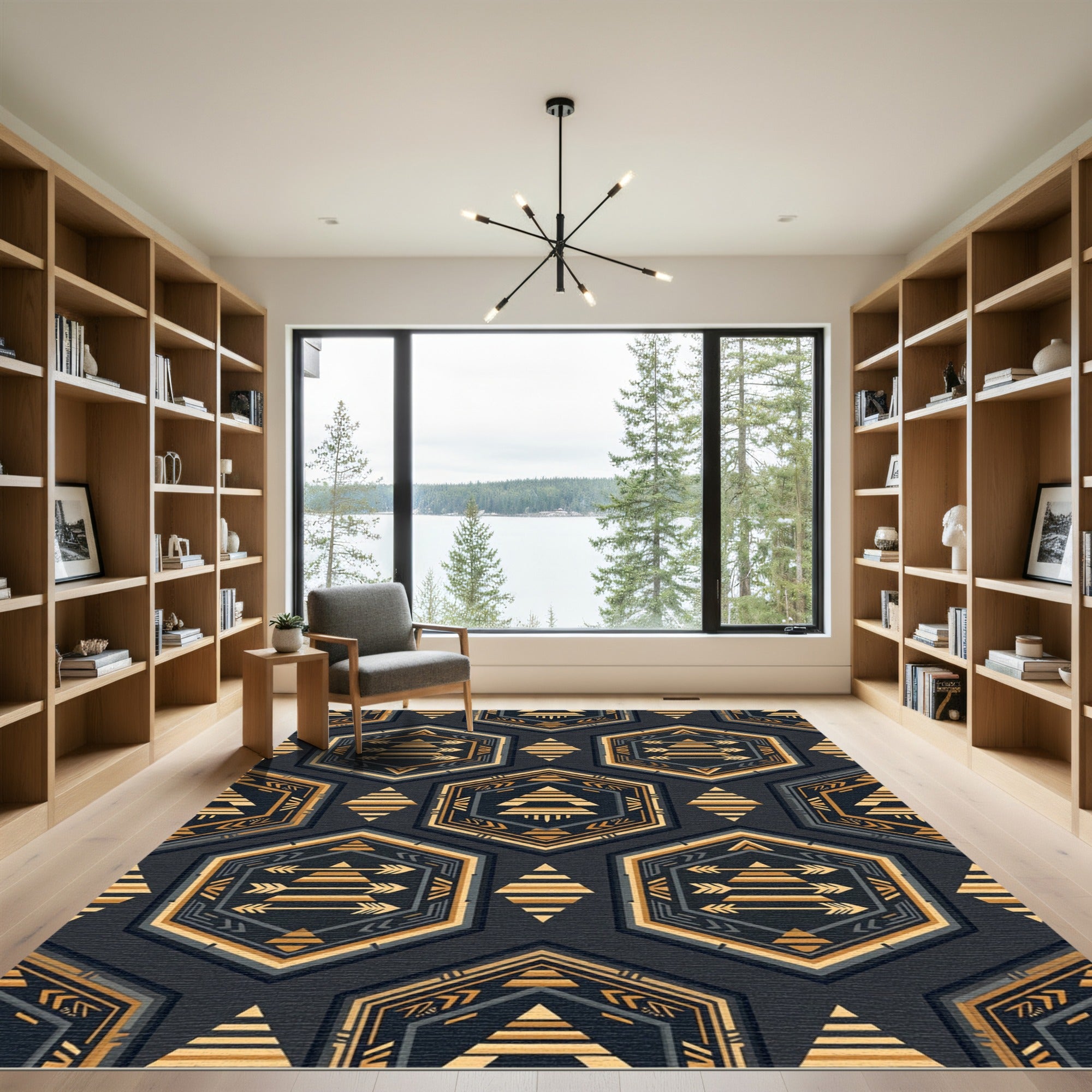 Golden Arrow Hexagon Geometric Slate Art Rug