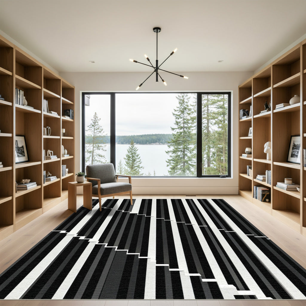 Modern Black White Staircase Stripes Rug