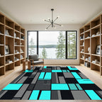Modern Cyan and Black Geometric Block Rug