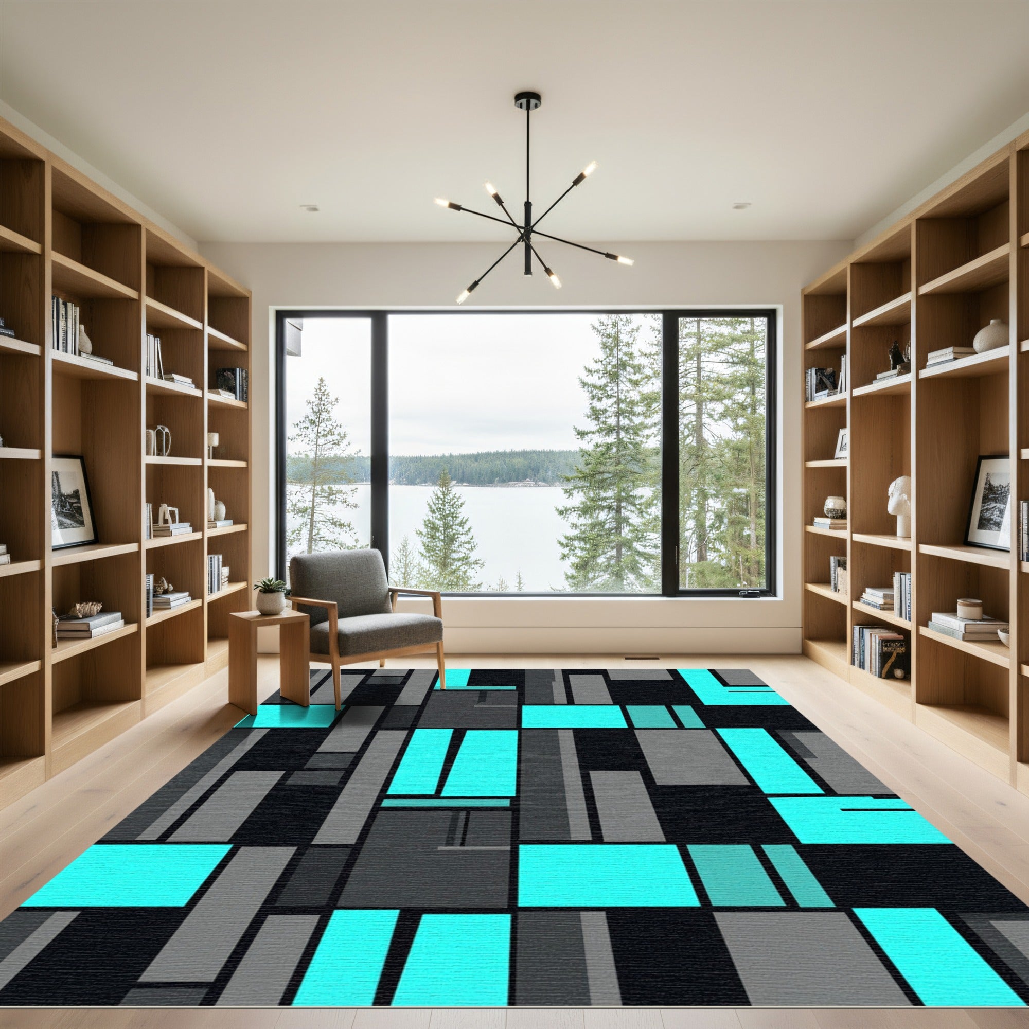 Modern Cyan and Black Geometric Block Rug