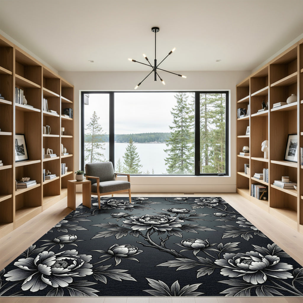 Monochromatic Peony Branches Floral Rug