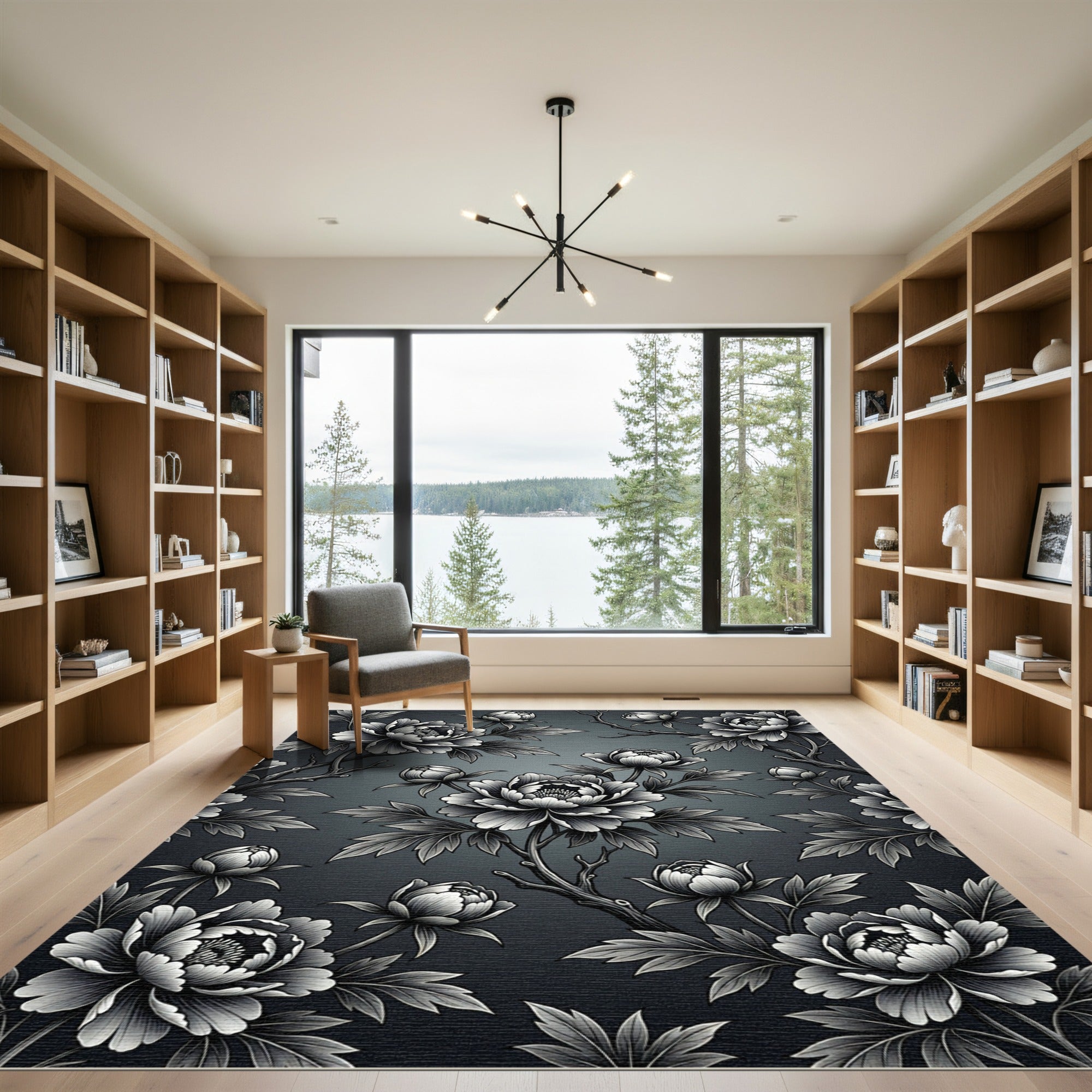 Monochromatic Peony Branches Floral Rug