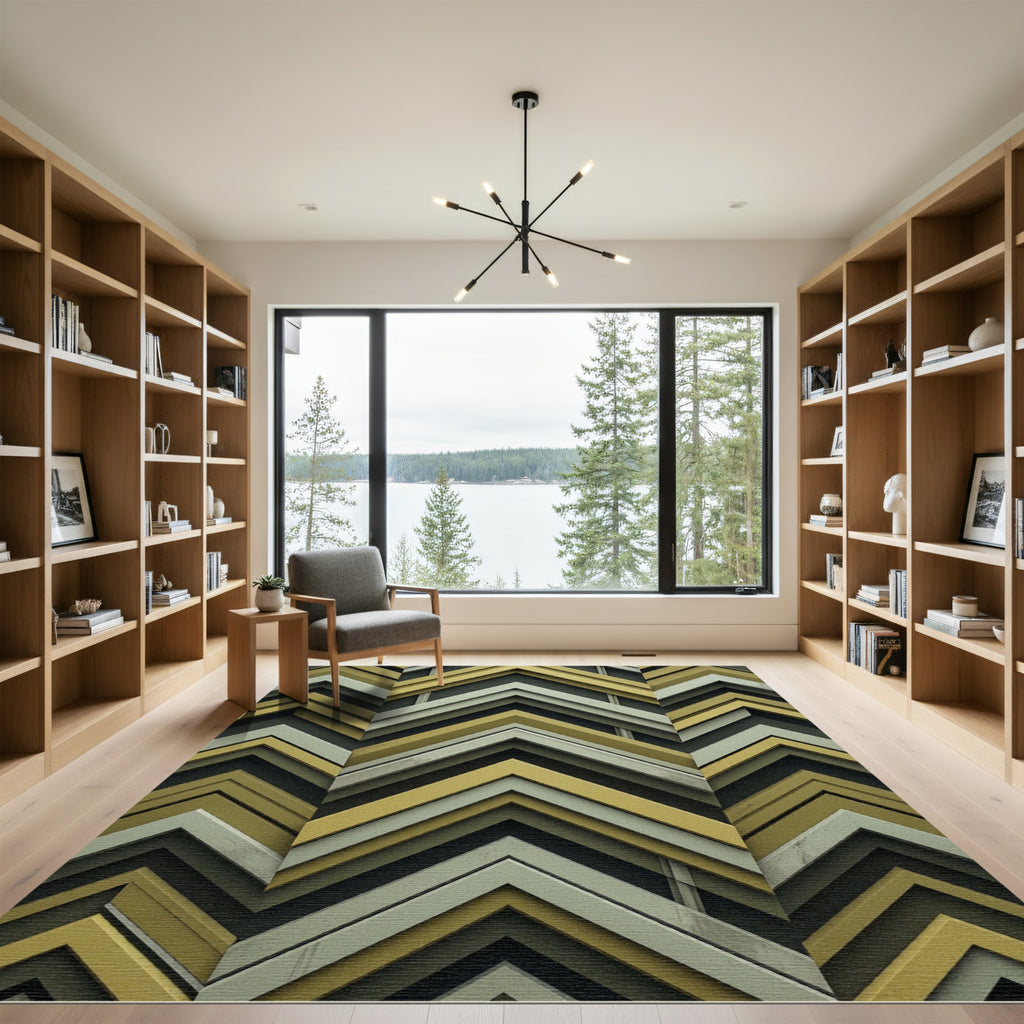 Modern Ochre and Sage Chevron Stripe Rug
