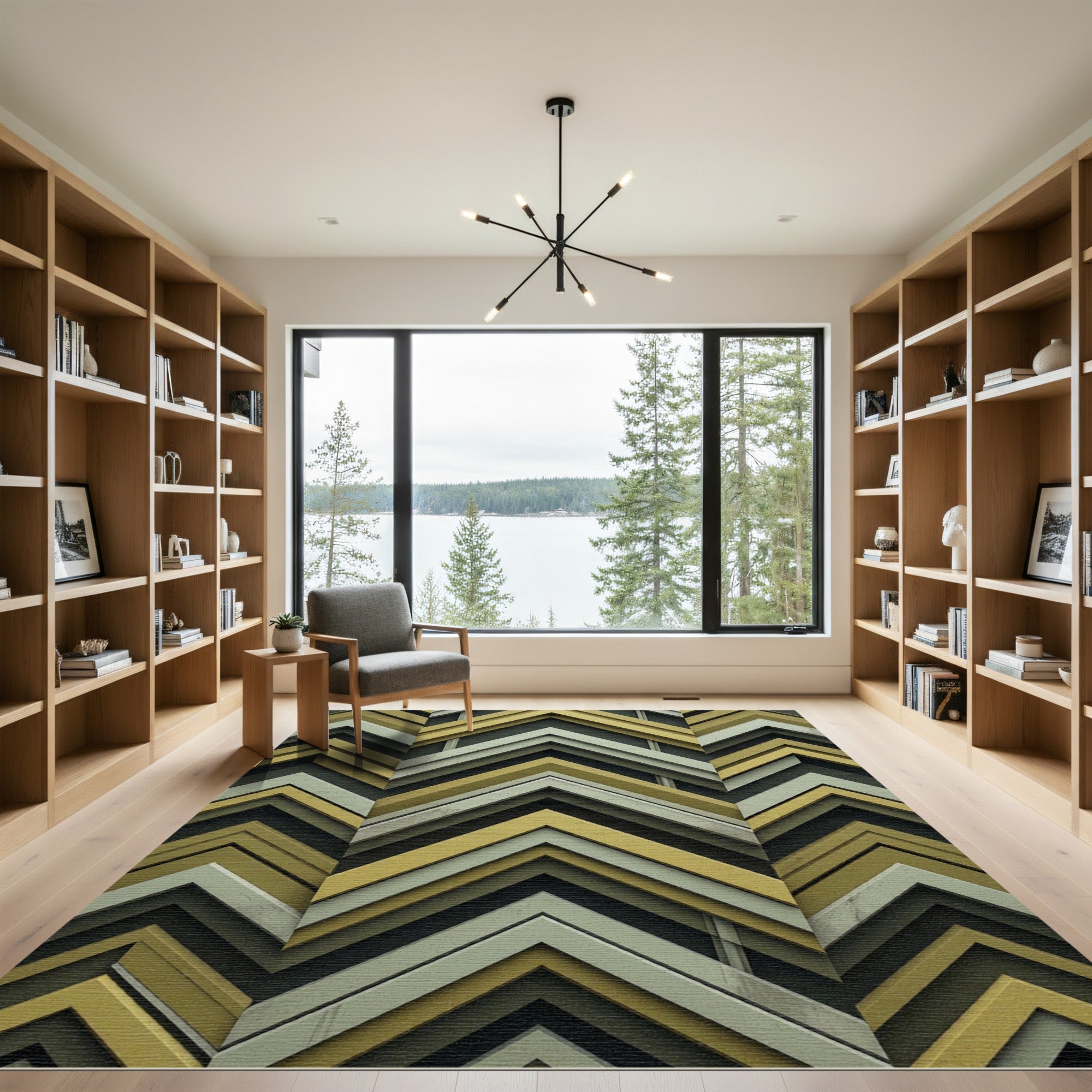 Modern Ochre and Sage Chevron Stripe Rug