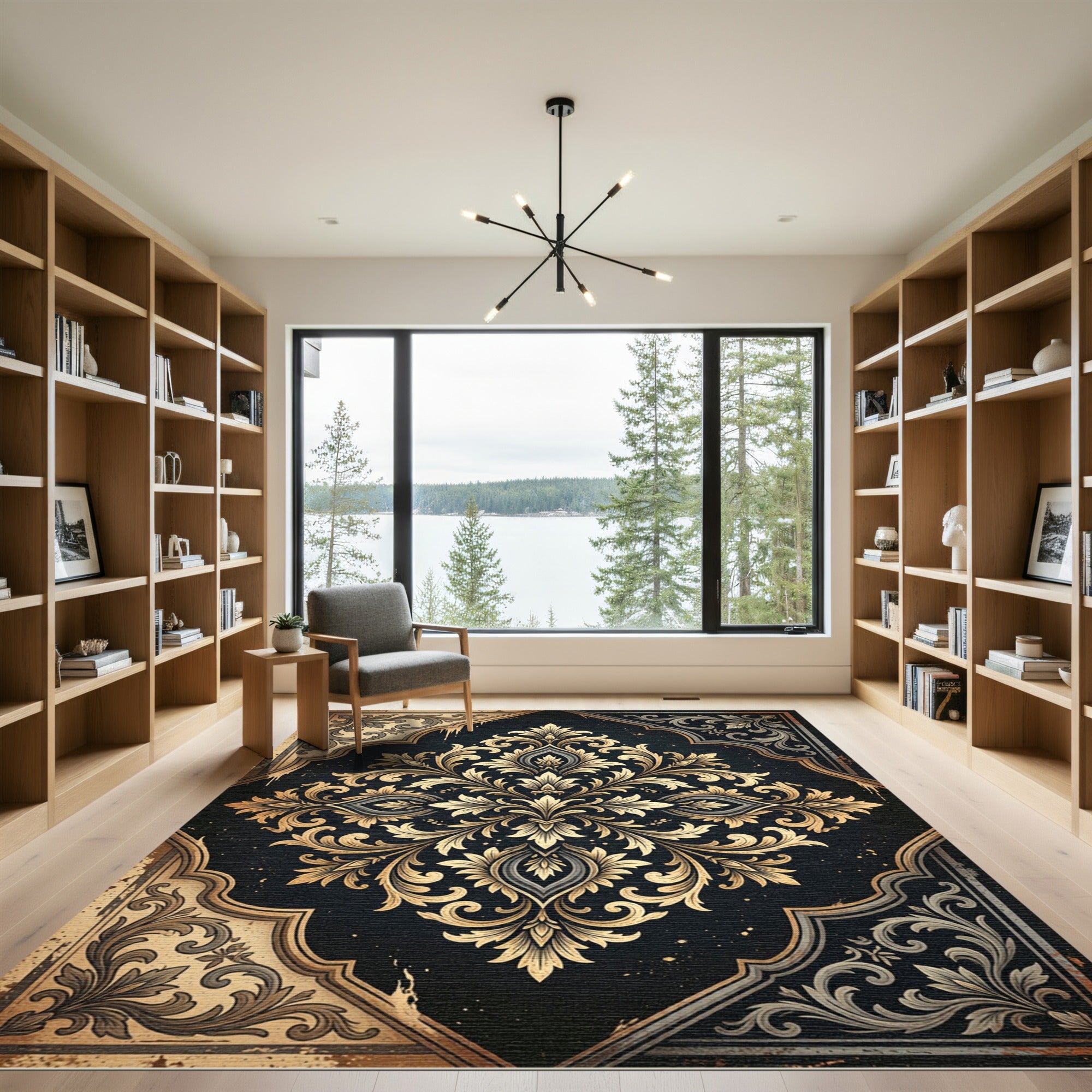 Ornate Damask Gold Black Foliage Area Rug