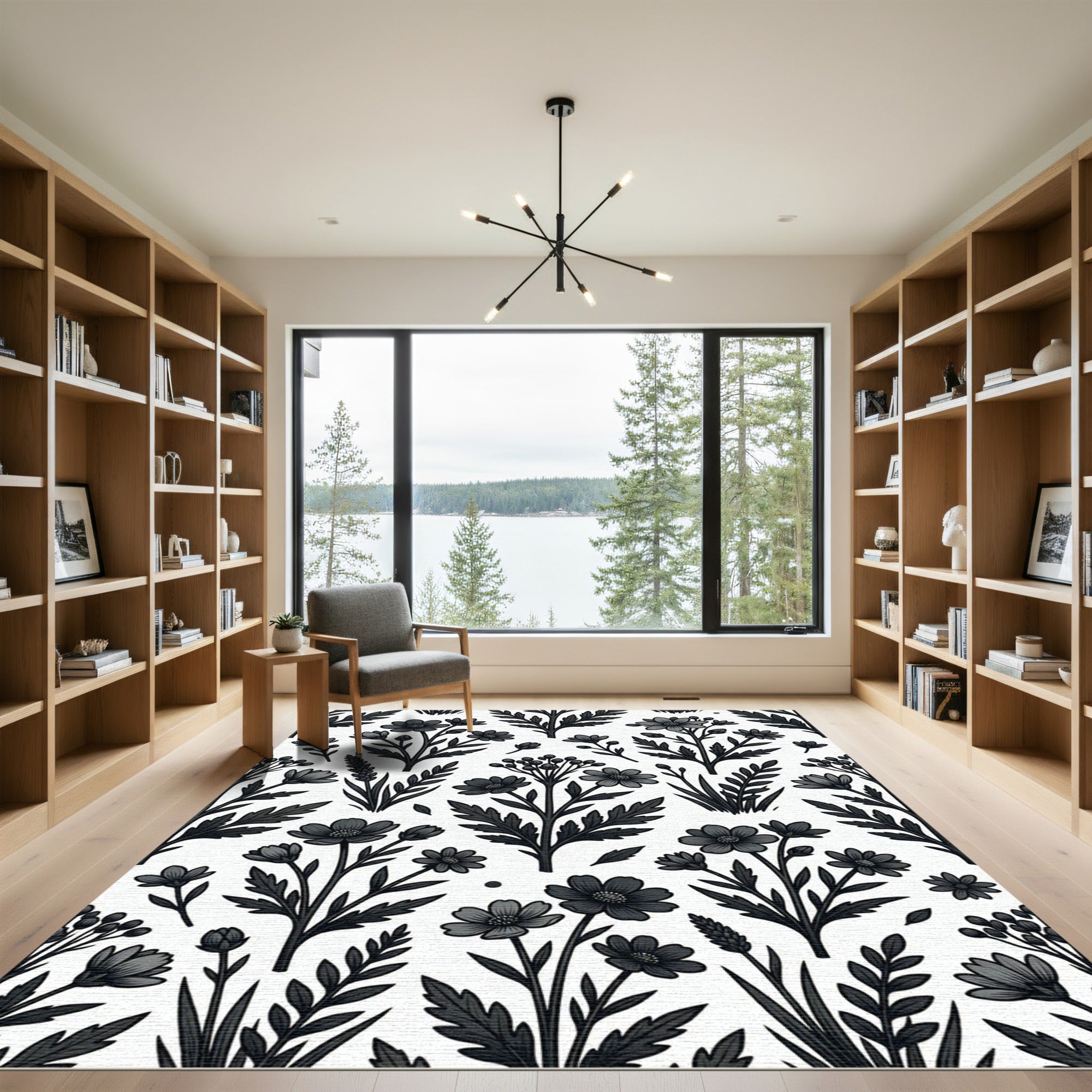 Monochromatic Botanical Floral Illustration Art Rug