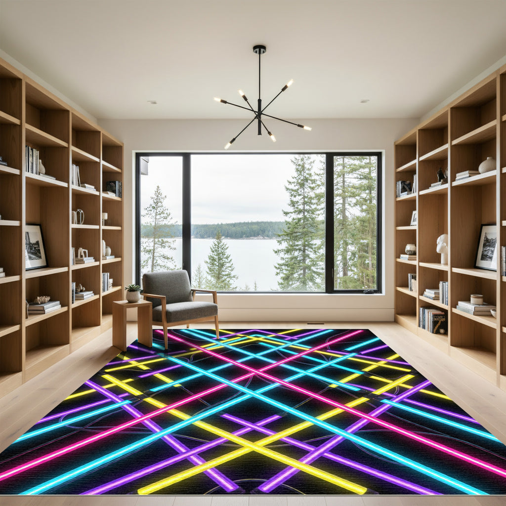 Vibrant Neon Geometric Grid Art Rug