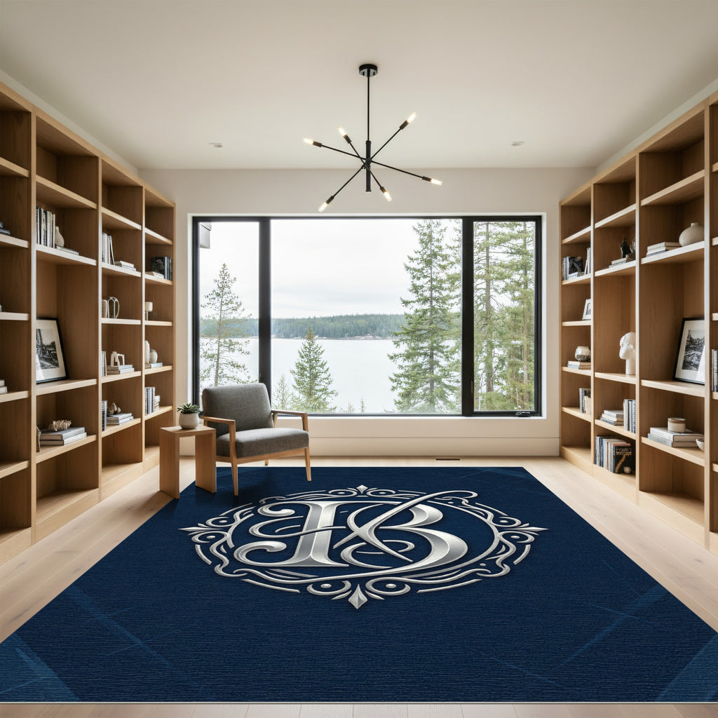 Elegant Silver Monogram Circular Emblem Rug