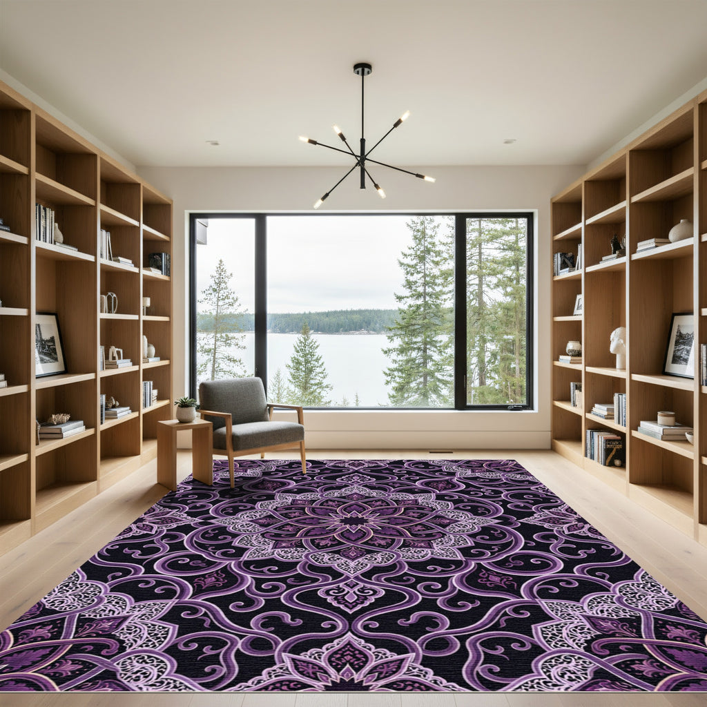 Ornate Deep Purple Swirl Medallion Rug