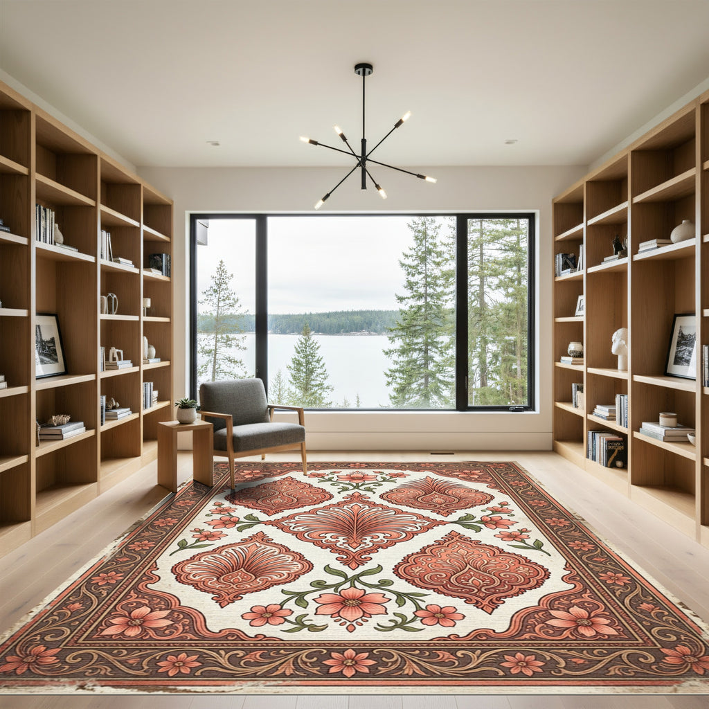 Coral Red Floral Scroll Medallion Rug