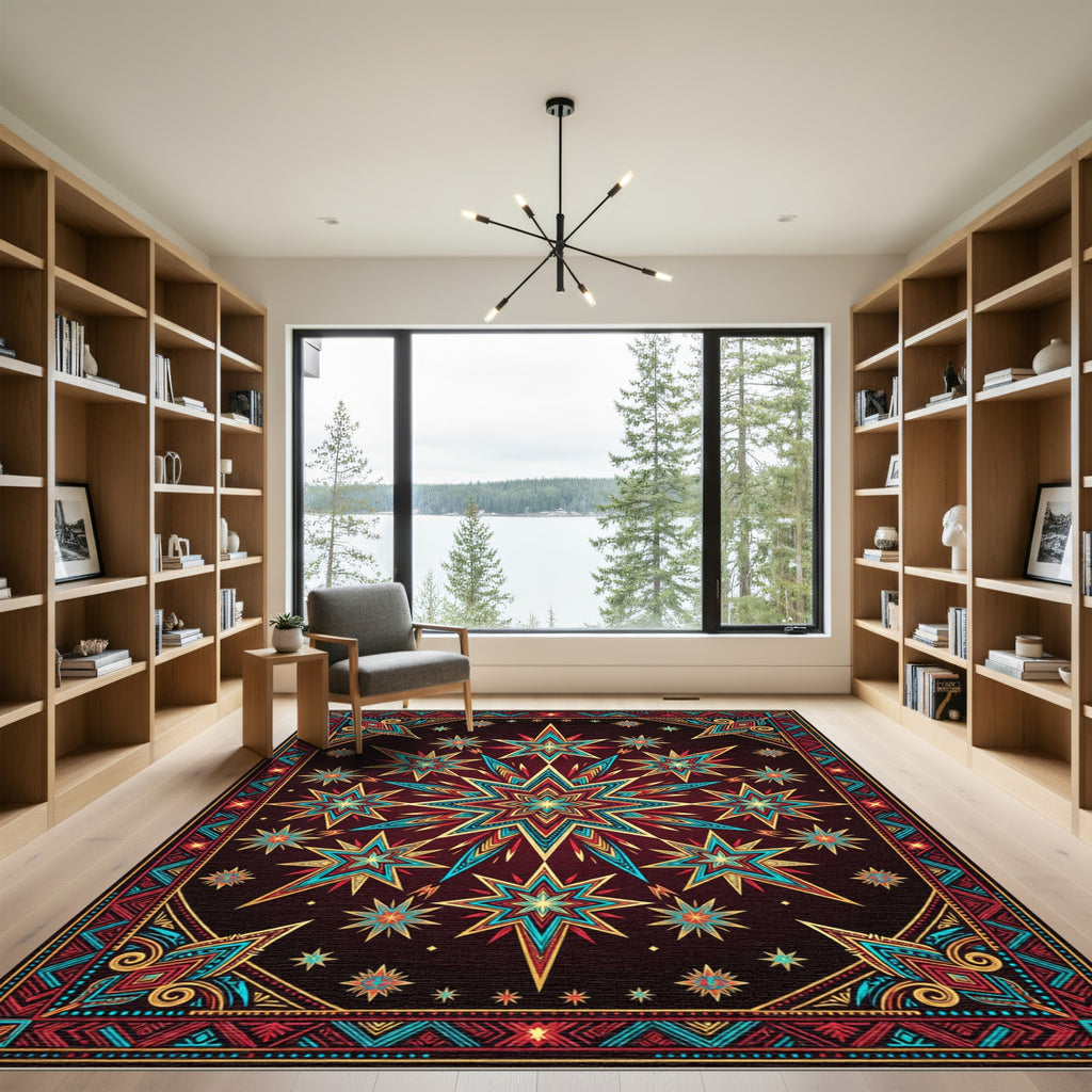 Celestial Teal and Gold Starry Medallion Rug
