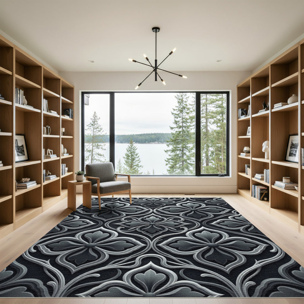 Elegant Charcoal Damask Botanical Filigree Rug