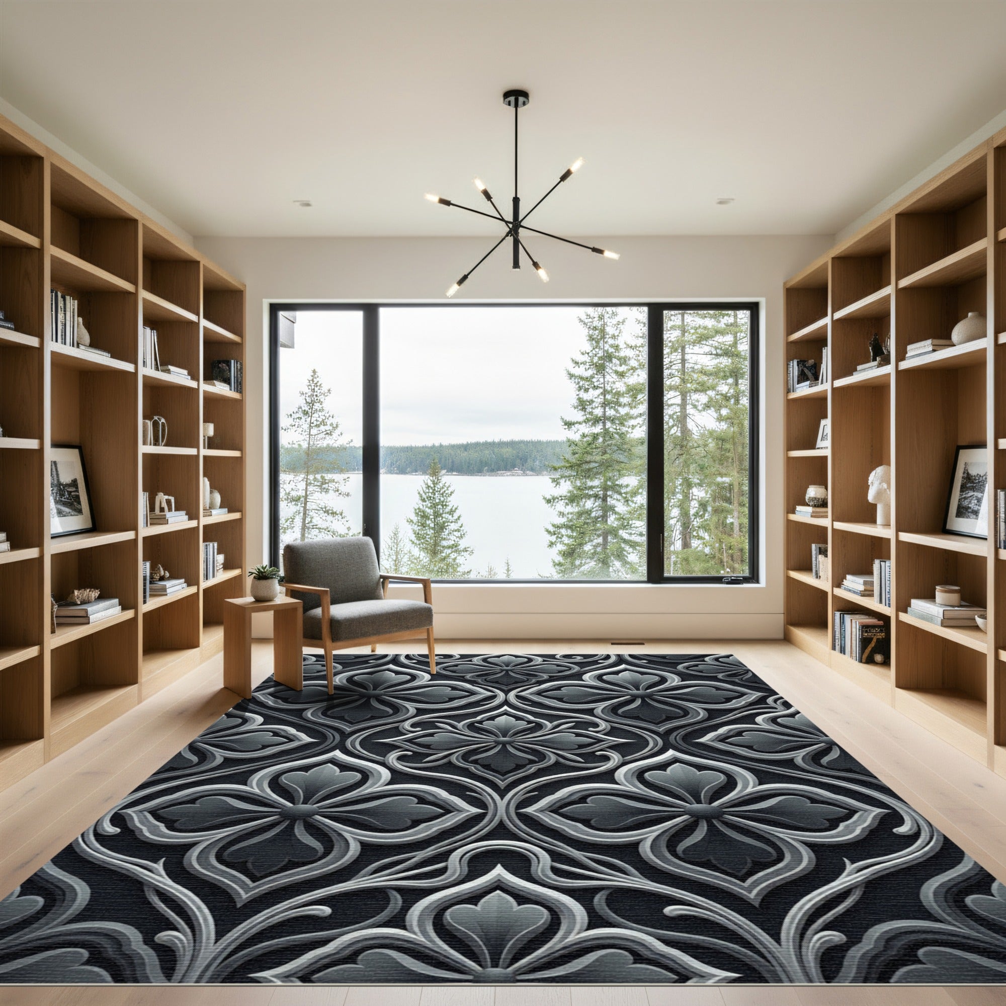 Elegant Charcoal Damask Botanical Filigree Rug