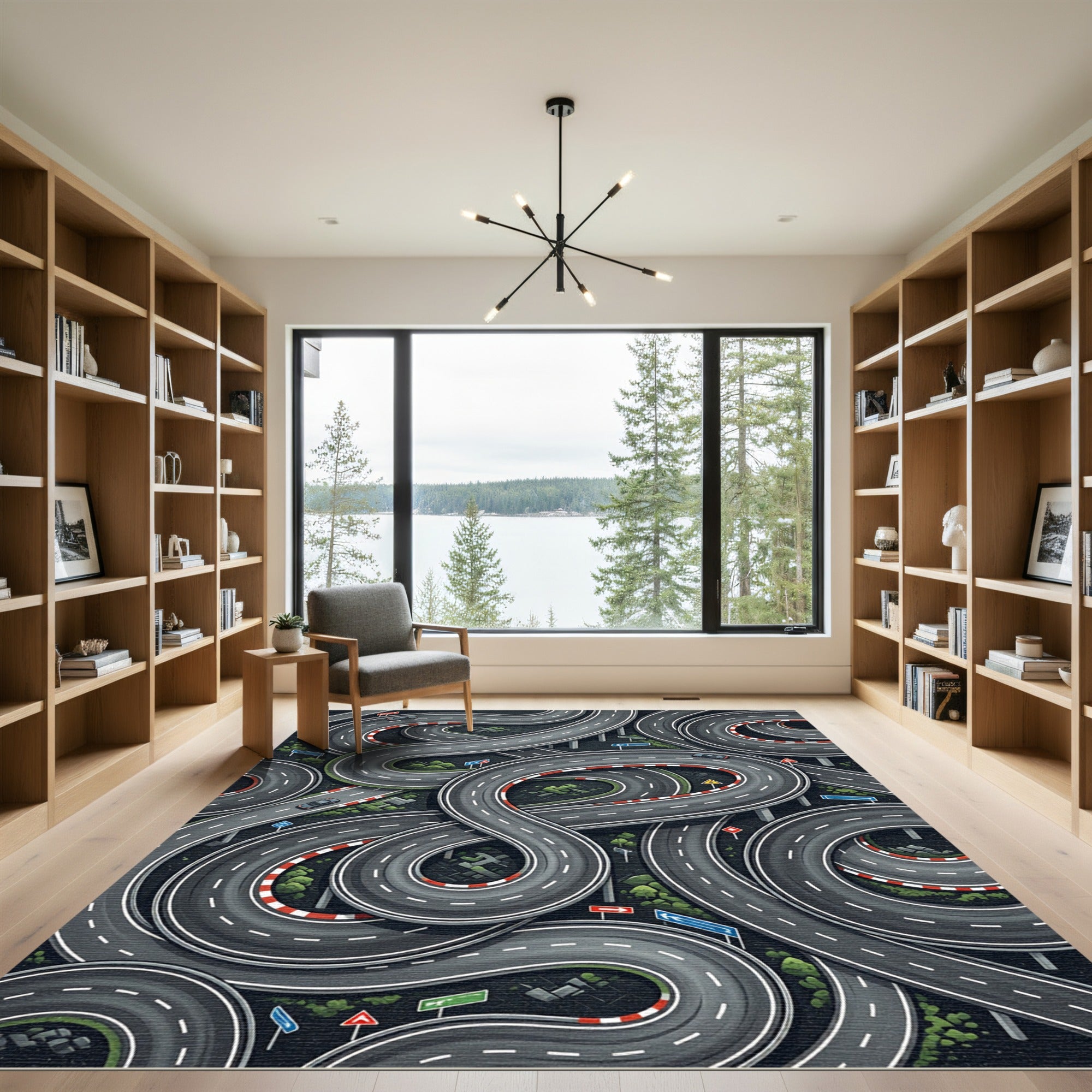 Abstract Winding Gray Racing Track Grid Rug