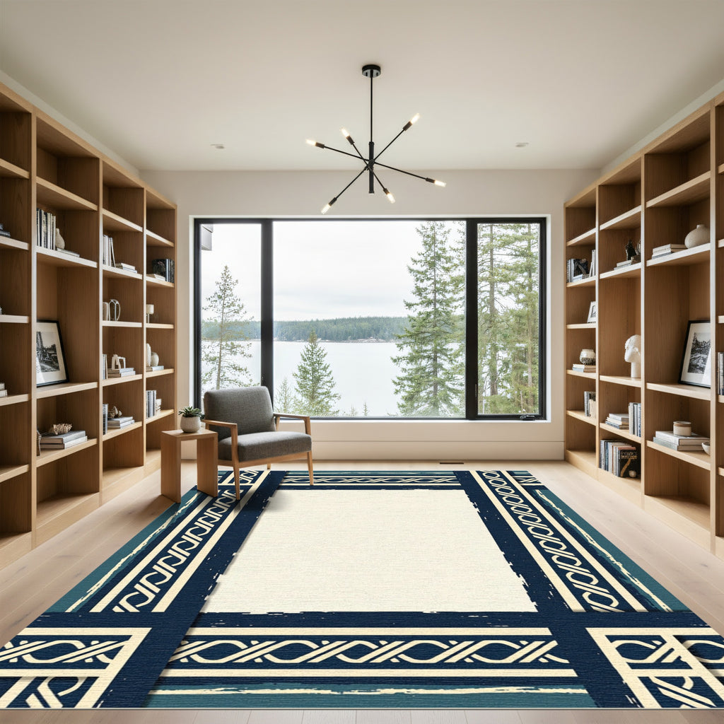 Dark Blue Ivory Celtic Border Rug
