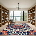 Navy Orange Floral Checkered Mandala Rug