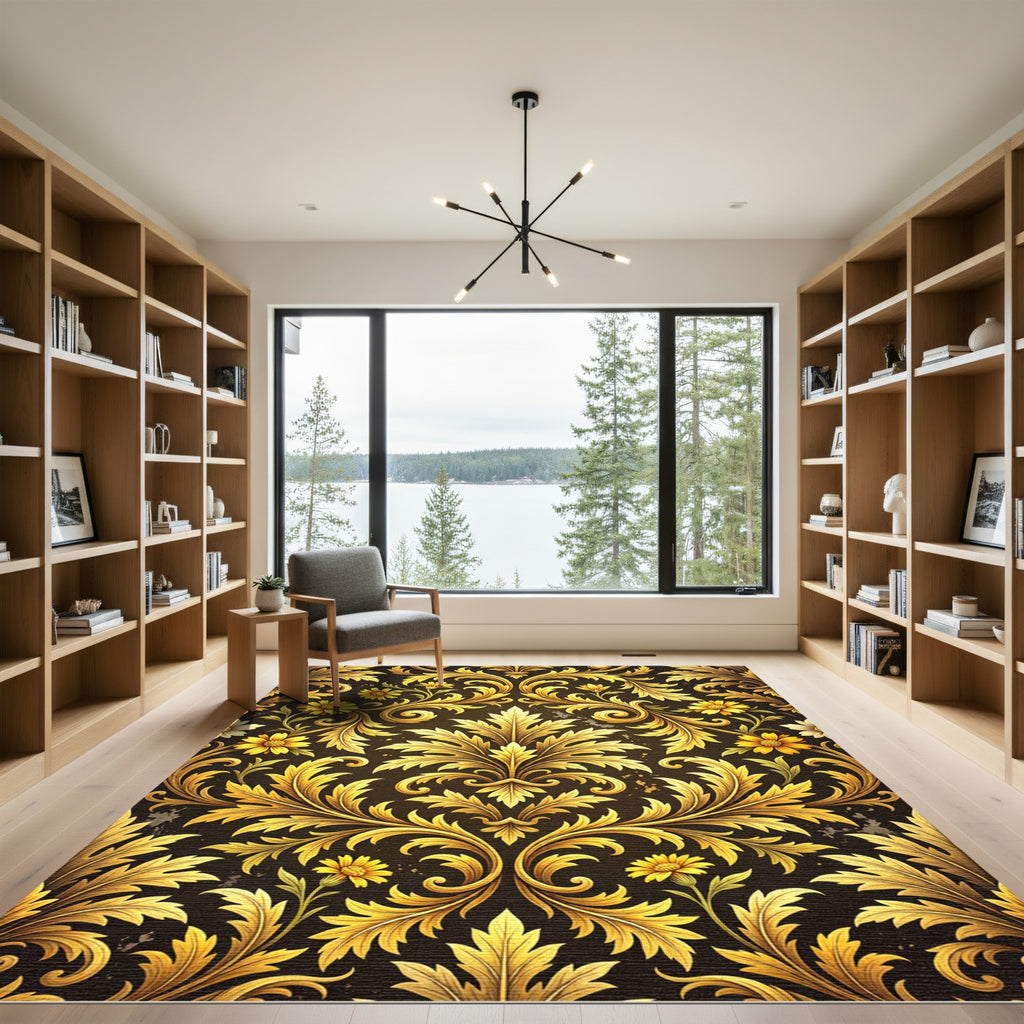 Ornate Golden Floral Damask Scroll Rug
